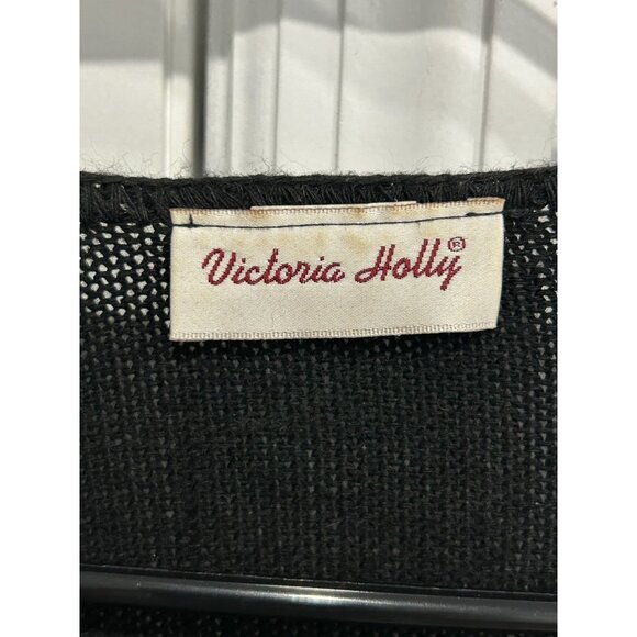 Victoria Holly Black Open Front Knit Cardigan Tie Closure Diamond Pattern Design - Picture 5 of 8